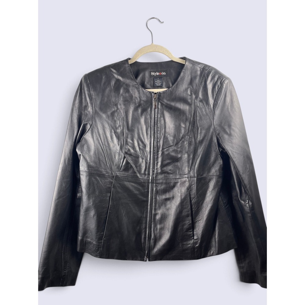 Style & Co Black Leather Zip Blazer Jacket Size L Shoulder Pads Collarless